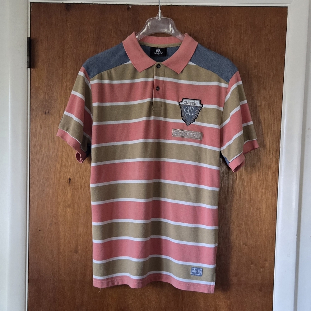 Red Ape Classic Pink And Tan Striped Polo Shirt Mens Size XL